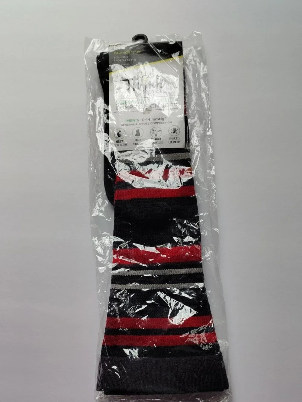 NEW Think Medical Men’s Size 10-14 Compression Socks Black Red & Gray Stripes WM
